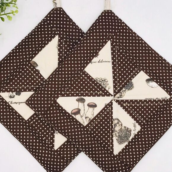 Set of 2, Square Potholder, Pinwheel Design, Neutral Mushrooms, Baking Gift Set - Picture 1 of 7
